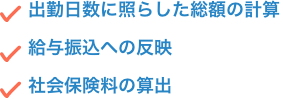 出勤日数に照らした総額の計算、給与振込への反映、社会保険料の算出