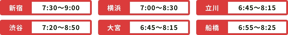 新宿 7:30～9:00　横浜 7:00～8:30　立川 6:45～8:15 渋谷 7:20～8:50　大宮 6:45～8:15　船橋 6:55～8:25